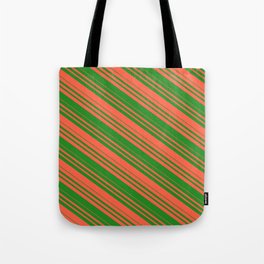 [ Thumbnail: Red and Forest Green Colored Striped Pattern Tote Bag ]