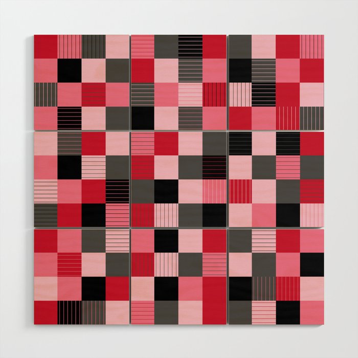 Valentine's Day Black, Red, Pink, & Grey Checkered Plaid Pattern Wood Wall Art