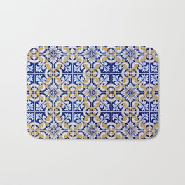 Close-up of blue, white and yellow ceramic wall tiles in Tavira, Portugal Bath Mat | Decor, Blue, Europe, Pattern, Tiles, Yellow, Square, Algarve, Portugal, Art 