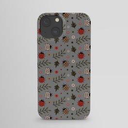 Ladybug and Floral Seamless Pattern on Grey Background iPhone Case