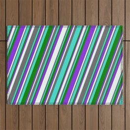 [ Thumbnail: Dim Grey, Turquoise, Green, Purple & Mint Cream Colored Lined Pattern Outdoor Rug ]