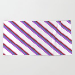 [ Thumbnail: Eye-catching Plum, Red, Blue, Orchid, and White Colored Stripes/Lines Pattern Beach Towel ]