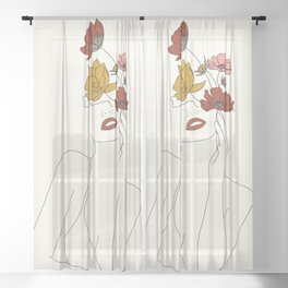 Colorful Thoughts Minimal Line Art Woman with Flowers Sheer Curtain