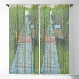 Boat dock through the bulrush made of recycled colorful old doors color photograph / photograph portrait Sheer Curtain