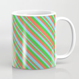 [ Thumbnail: Lime Green, Red, and Light Sky Blue Colored Striped Pattern Coffee Mug ]