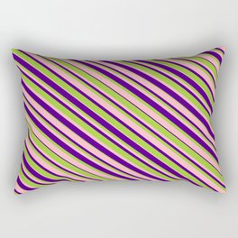 [ Thumbnail: Green, Light Pink & Indigo Colored Striped Pattern Rectangular Pillow ]