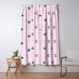 Nautical Navy Blue Pink Chevron Baby Girl Nursery Blackout Curtain