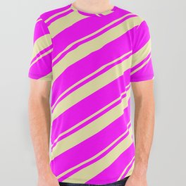 [ Thumbnail: Pale Goldenrod & Fuchsia Colored Stripes/Lines Pattern All Over Graphic Tee ]