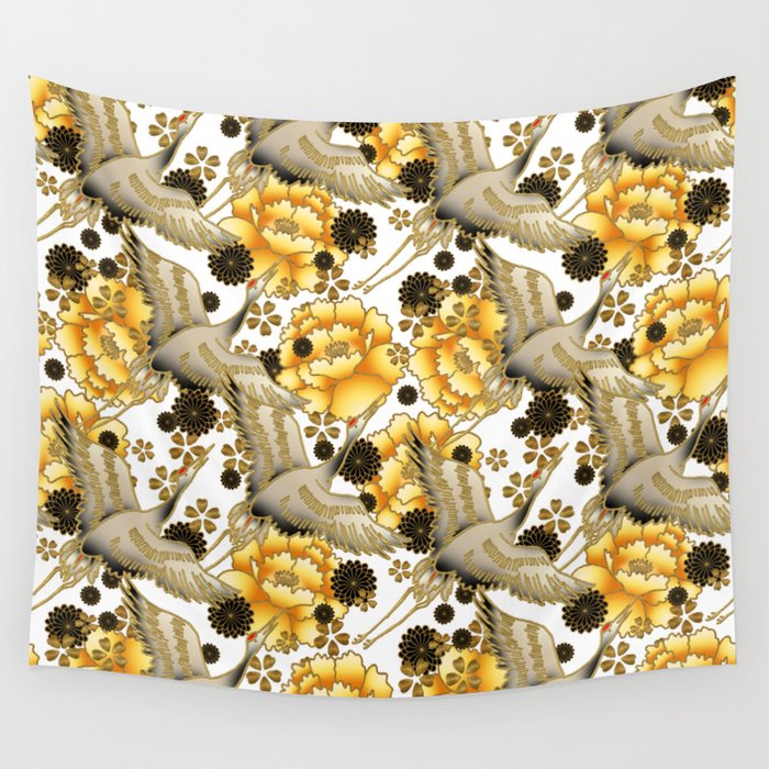 Japanese Crane pattern with Yellow peonies on White Wall Tapestry