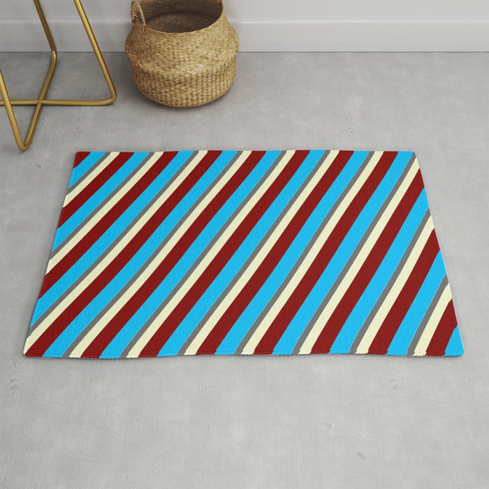Eyecatching Sky Blue, Dim Grey, Light Yellow, Maroon, and Deep Sky Blue Colored Lined Pattern Rug