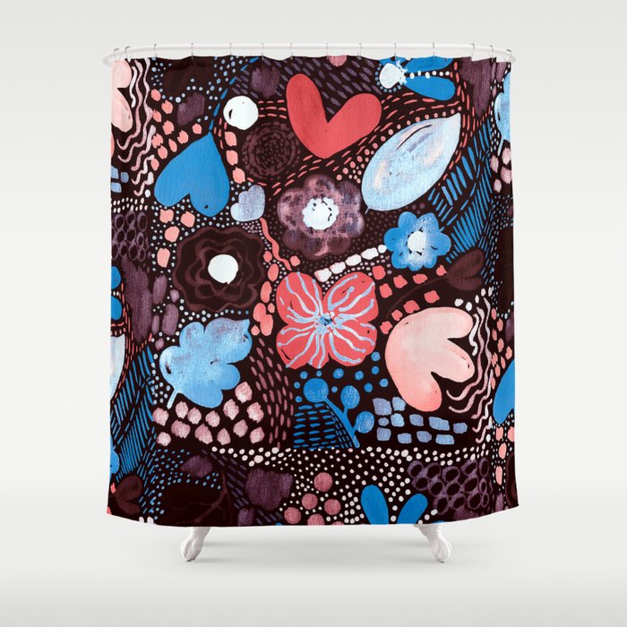 Hand Painting Abstract Watercolor Sketch Doodle Flowers Leaves Hearts and Geometric Shapes Repeating Pattern  Shower Curtain