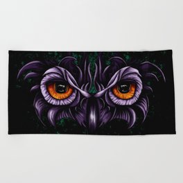 Purple owl eyes, witchy totem animal Beach Towel