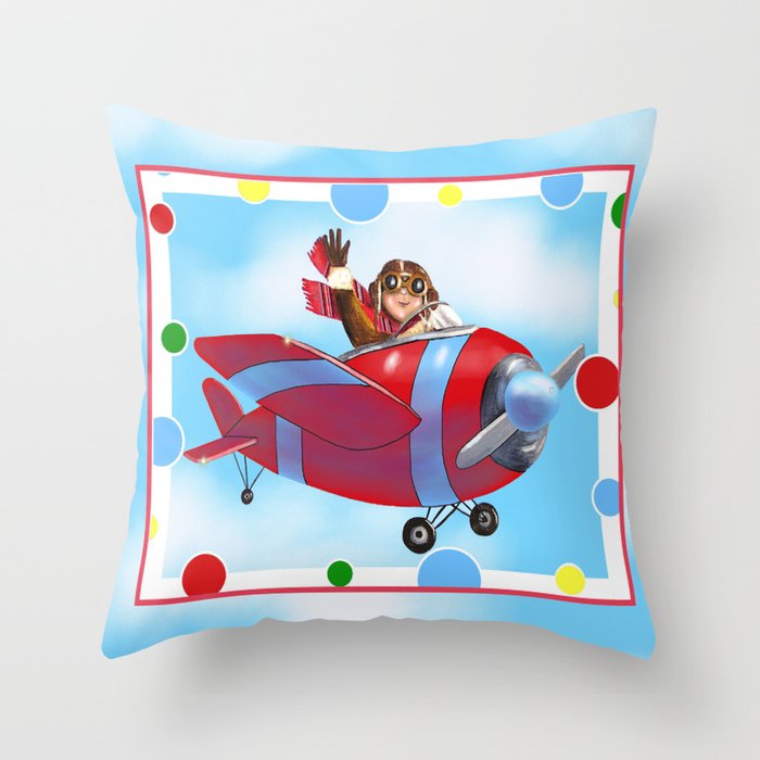 Red Airplane with boy Pilot Throw Pillow