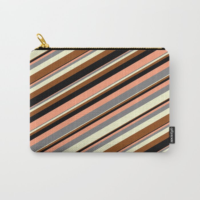Colorful Light Salmon, Grey, Light Yellow, Brown, and Black Colored Stripes Pattern Carry-All Pouch
