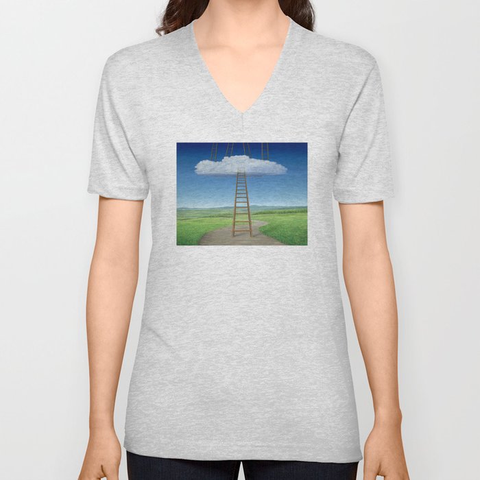 Surrealist Landscape Cloud Ladders Path Spiritual Mountains Weird Art V Neck T Shirt