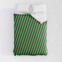 [ Thumbnail: Brown, Black, and Green Colored Lined/Striped Pattern Comforter ]