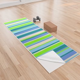 [ Thumbnail: Eye-catching Chartreuse, Light Sky Blue, Dark Cyan, Cornflower Blue, and Beige Colored Lines Pattern Yoga Towel ]