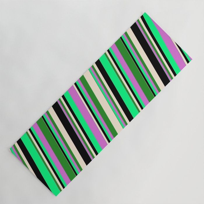 Vibrant Green, Orchid, Forest Green, Beige & Black Colored Striped Pattern Yoga Mat