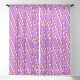 [ Thumbnail: Orchid, Crimson, and Beige Colored Lined/Striped Pattern Sheer Curtain ]