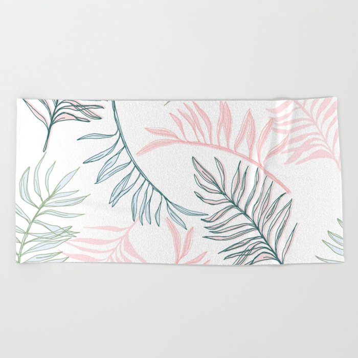 Large Pastel Palm Leaf Line Drawing Pattern White Beach Towel By Meganheloise Society6