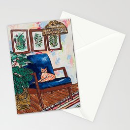 Ginger Cat on Blue Mid Century Chair Painting Stationery Card