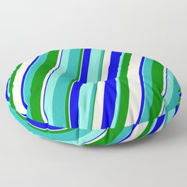 [ Thumbnail: Vibrant Aquamarine, Light Sea Green, Green, Beige, and Blue Colored Lines Pattern Floor Pillow ]