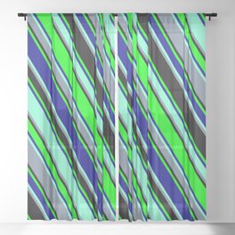 [ Thumbnail: Colorful Black, Lime, Dark Blue, Aquamarine, and Light Slate Gray Colored Lined Pattern Sheer Curtain ]
