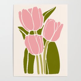 Pink Tulips Retro Flowers Poster