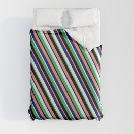 [ Thumbnail: Eye-catching Dark Salmon, Midnight Blue, Mint Cream, Sea Green, and Black Colored Pattern of Stripes Duvet Cover ]