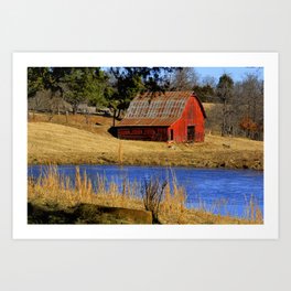 Country Red Barn, and Cobalt Blue Water Art Print