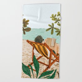 Vacay Book Club, Beach Tropical Ocean Travel Reading Illustration, Pastel Sea Vacation Holiday Beach Towel