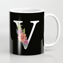 Monogram Letter V with Flowers Black background Coffee Mug