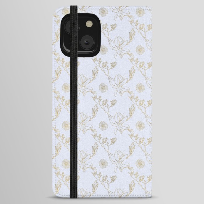 Magnolia And Daisy Seamless Pattern_Light Blue iPhone Wallet Case