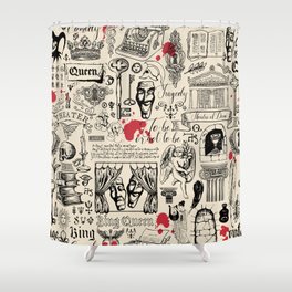 Abstract seamless pattern on the theme of theater and drama with black pencil drawings and red blots in vintage style.  Shower Curtain