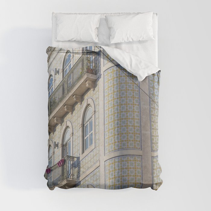 Round corner building in Lisbon, Portugal - green and yellow azulejos - summer street and travel photography Duvet Cover