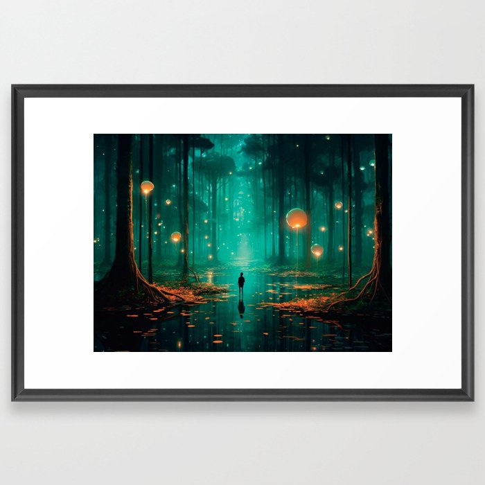 Enchanted Forest: Fireflies Illuminated Night Canvas Framed Art Print