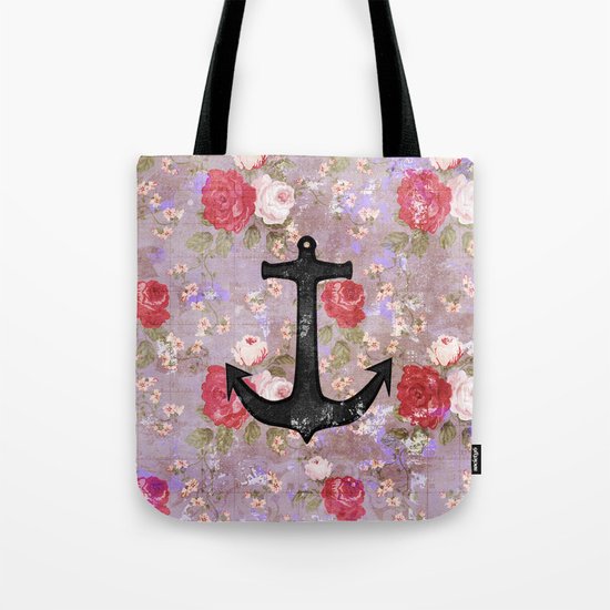 Vintage Nautical Anchor Purple Pink Floral Pattern Tote Bag