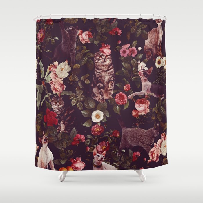 Cat and Floral Pattern Shower Curtain
