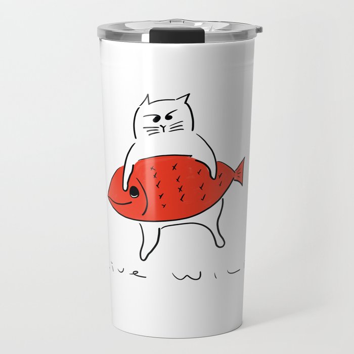 cat nyaha with red fish Travel Mug