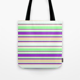 [ Thumbnail: Dark Orchid, Tan, Mint Cream, and Green Colored Stripes Pattern Tote Bag ]