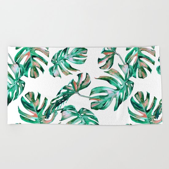 Green Coral Palm Leaves Beach Towel