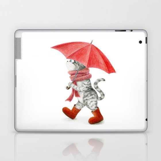 Tabby Cat with a red umbrella Laptop & iPad Skin