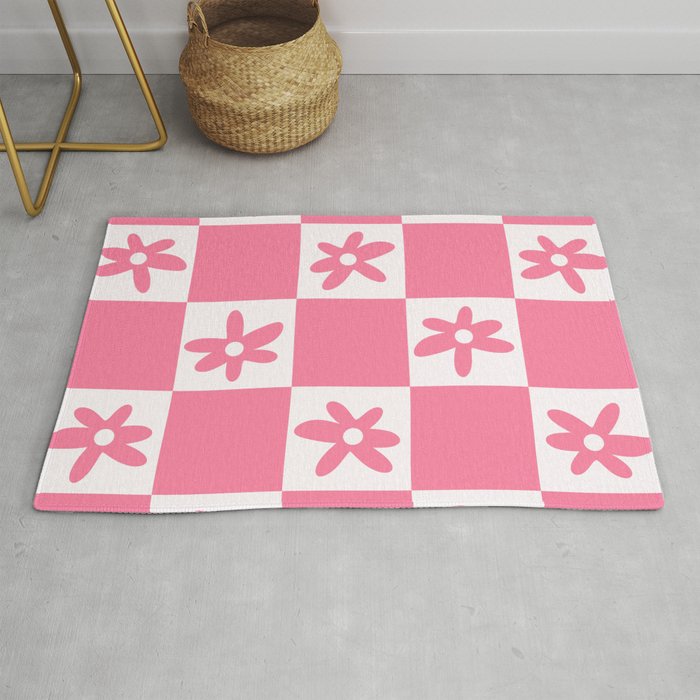 Flower Check Geometric Checkerboard Pattern Pink Rug