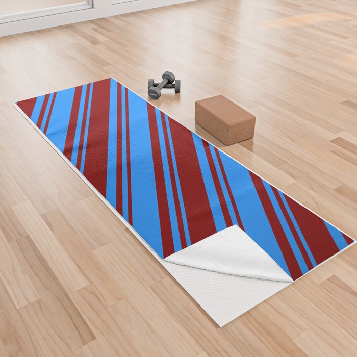 Blue and Maroon Colored Pattern of Stripes Yoga Towel