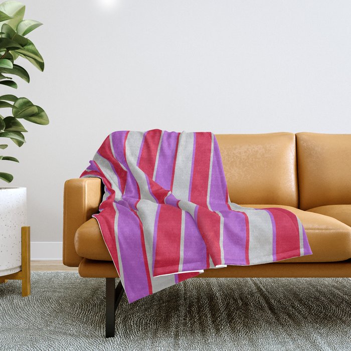 Orchid, Crimson, and Light Grey Colored Stripes/Lines Pattern Throw Blanket