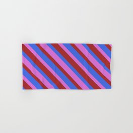 [ Thumbnail: Royal Blue, Orchid, and Brown Colored Stripes/Lines Pattern Hand & Bath Towel ]