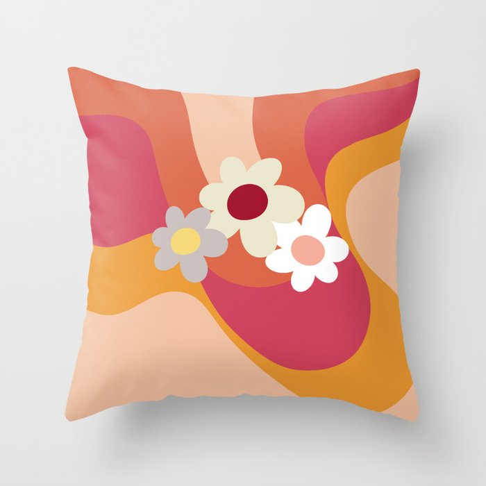 Retro style flowers and waves Throw Pillow