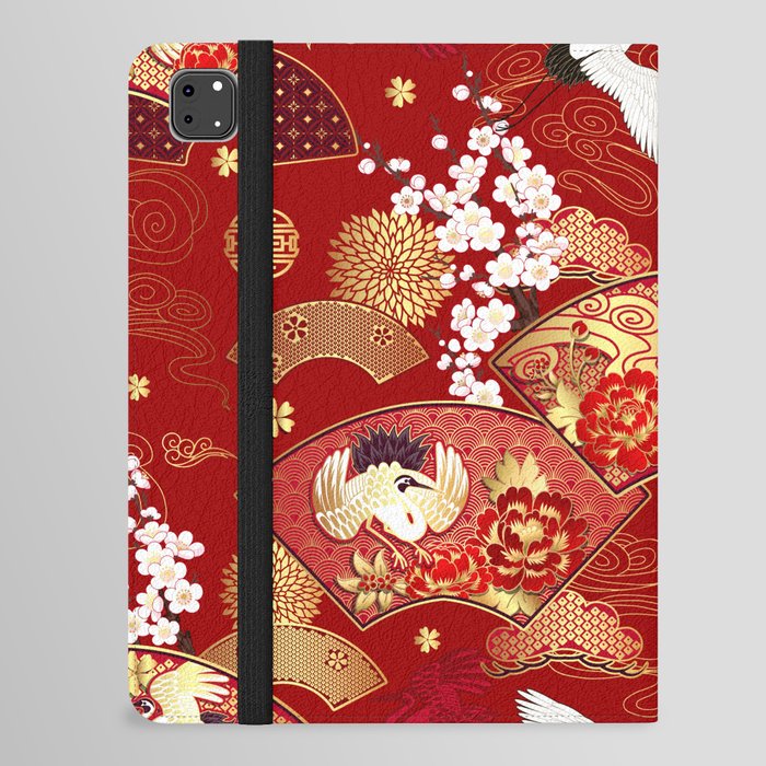 Spring Japanese background with fans and cranes iPad Folio Case