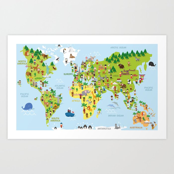 Funny Cartoon World Map With Childrens Of Different Nationalities Animals And Monuments Art Funny Cartoon World Map With Childrens Of Different Nationalities Animals And Monuments Art