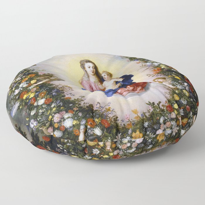 Virgen con Ángeles Flower Garland Mary with Angels Floor Pillow